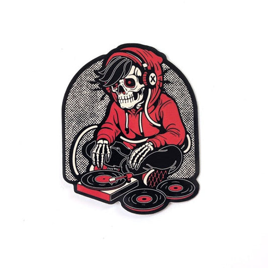 Illustration of a skeleton DJ with turntables on a white background
