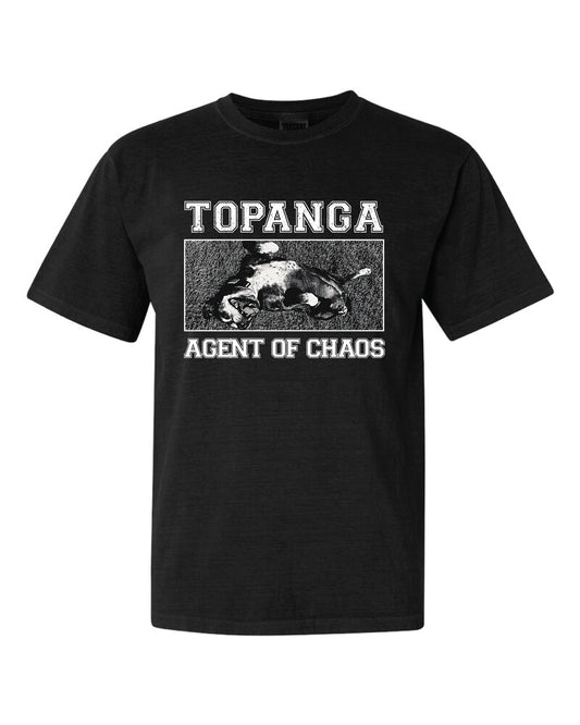 A black short-sleeve crewneck t-shirt featuring a distressed white graphic print on the front with the text 'TOPANGA' and 'AGENT OF CHAOS' surrounding a sketch of a topanga.