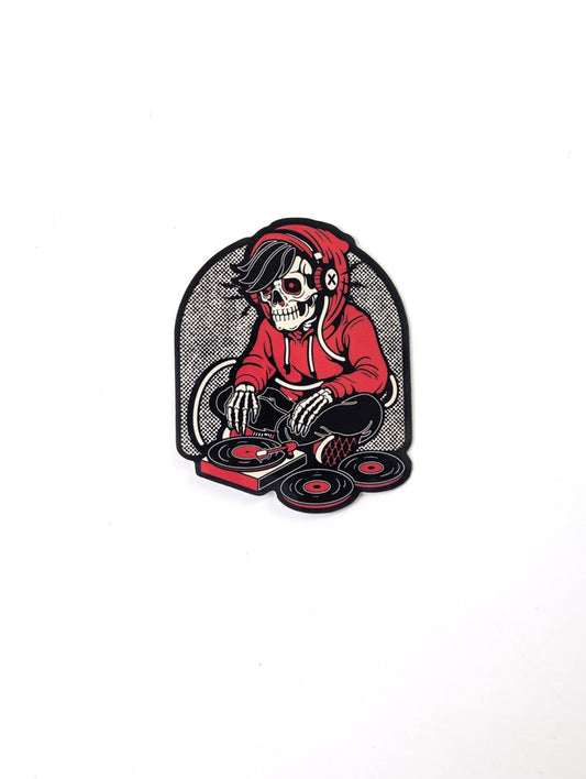 Illustration of a skeleton DJ with turntables on a white background