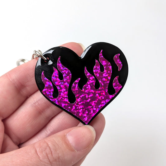 Holographic Flame Heart Keychain