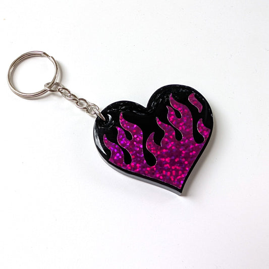 Holographic Flame Heart Keychain