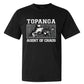 A black short-sleeve crewneck t-shirt featuring a distressed white graphic print on the front with the text 'TOPANGA' and 'AGENT OF CHAOS' surrounding a sketch of a topanga.